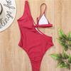 EaGo Women One Piece Swimsuit High Neck Solid Color Printing Ruched Monokini Swimwear Red view 4