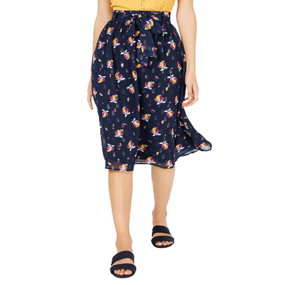 Maison Jules Womens Metallic Floral A-Line Skirt Navy 0