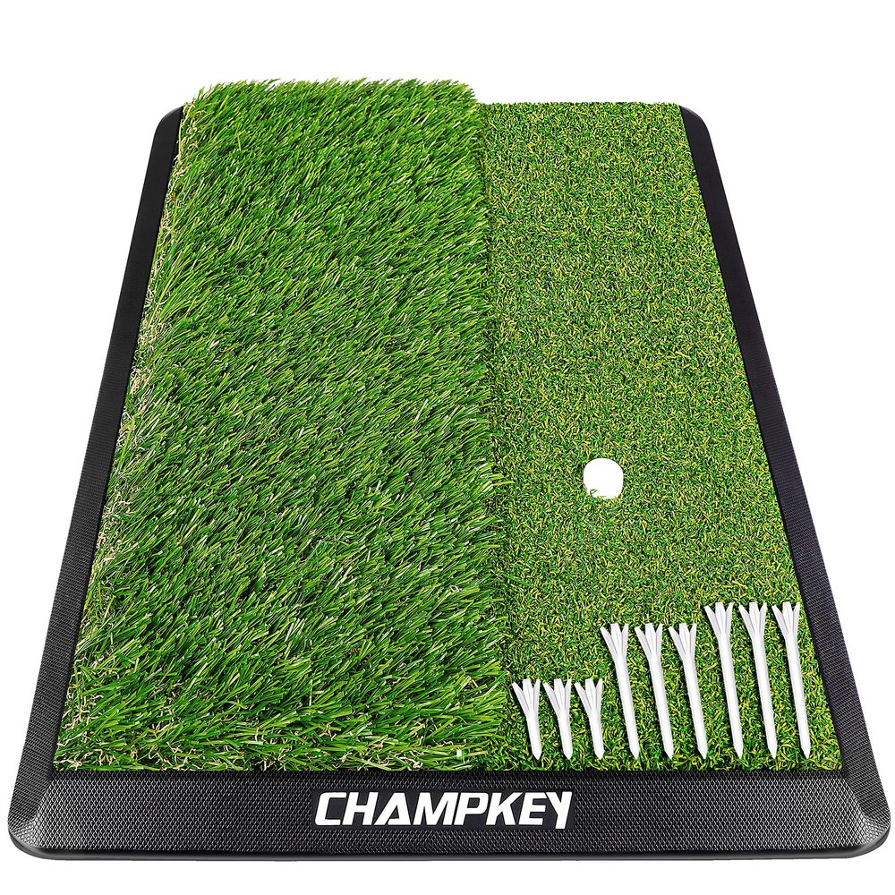 CHAMPKEY Dual-Turf Golf Hitting Mat | Come with 9 Golf Tees & 1 Rubber Tee | Heavy Duty Rubber Backing Golf Practice Mat Ideal for Indoor & Outdoor Training13"x17", LITE Version