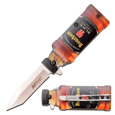 MTECH USA Folding Knife Stands Upright Bourbon Bottle Knife - Satin Stainless Steel Blade w/ABS Handle Shaped Like A Bottle, Liner Lock, Pocket Clip - EDC MT-A1190B