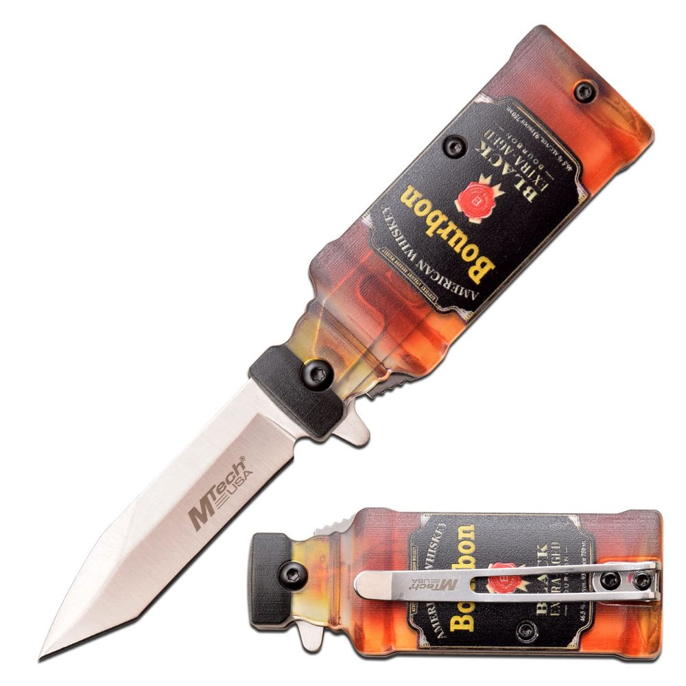 MTECH USA Folding Knife Stands Upright Bourbon Bottle Knife - Satin Stainless Steel Blade w/ABS Handle Shaped Like A Bottle, Liner Lock, Pocket Clip - EDC MT-A1190B