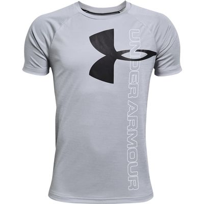 Under Armour boys Tech Split Logo Hybrid Short-Sleeve T-Shirt , Mod Gray (011)/Black , Youth Medium