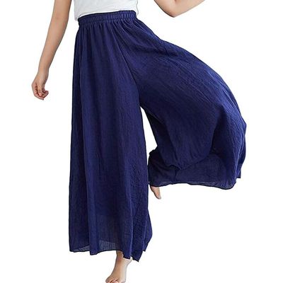 BININBOX Women's Casual Elastic High Waist Wide Leg Cotton Linen Pants Trousers Skirt Elegant Flowy Wide Leg Pants Loose(95CM Length,Navy)