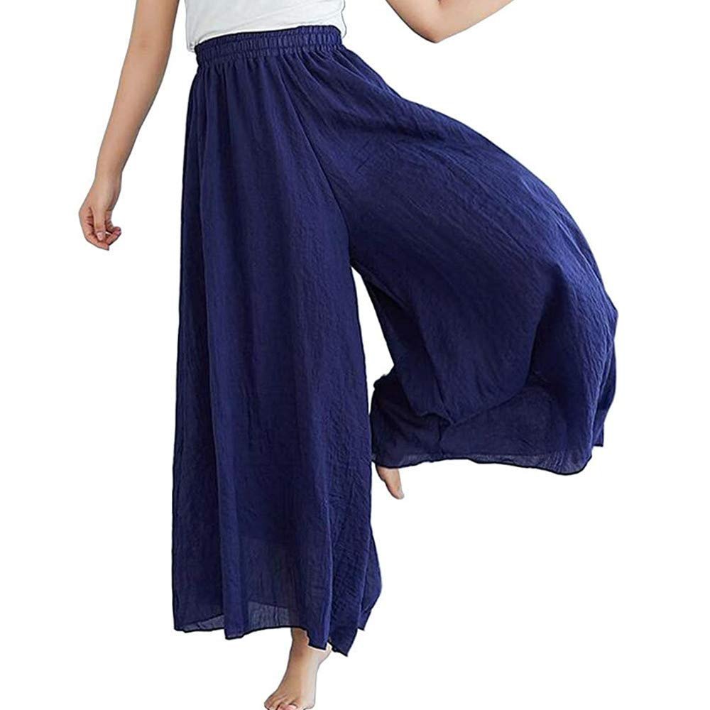 BININBOX Women's Casual Elastic High Waist Wide Leg Cotton Linen Pants Trousers Skirt Elegant Flowy Wide Leg Pants Loose(95CM Length,Navy)