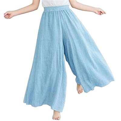 BININBOX Women's Casual Elastic High Waist Wide Leg Cotton Linen Pants Trousers Skirt Elegant Flowy Wide Leg Pants Loose(95CM Length,Light Blue)