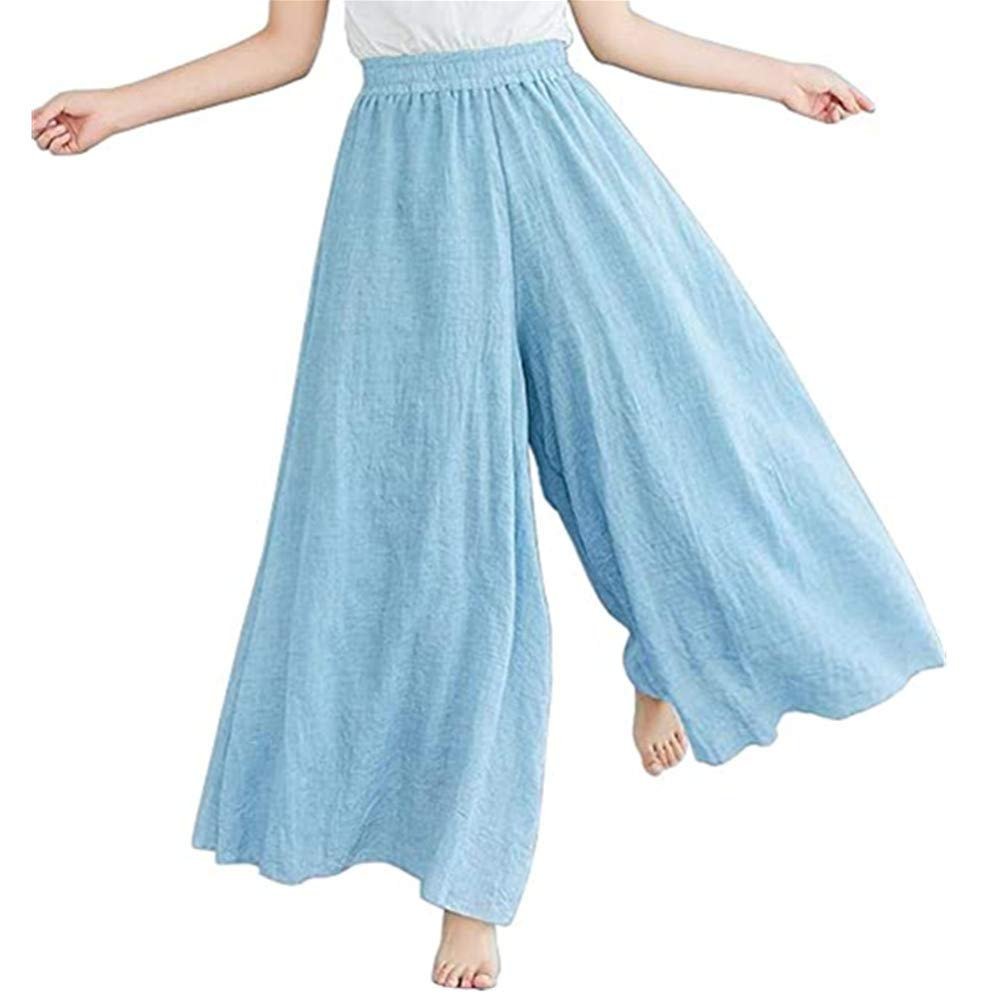 BININBOX Women's Casual Elastic High Waist Wide Leg Cotton Linen Pants Trousers Skirt Elegant Flowy Wide Leg Pants Loose(95CM Length,Light Blue)