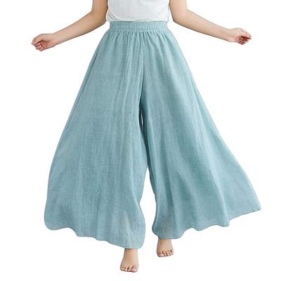 BININBOX Women's Casual Elastic High Waist Wide Leg Cotton Linen Pants Trousers Skirt Elegant Flowy Wide Leg Pants Loose(95CM Length,Light Green)