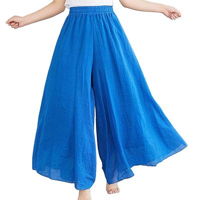 BININBOX Women's Casual Elastic High Waist Wide Leg Cotton Linen Pants Trousers Skirt Elegant Flowy Wide Leg Pants Loose(95CM Length,Dark Blue)