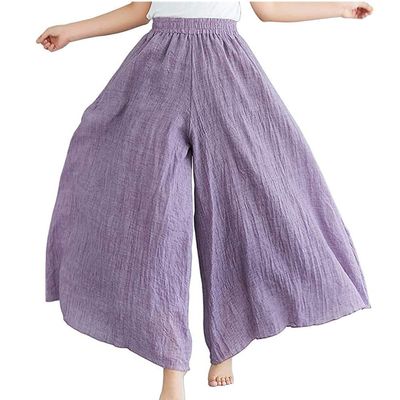 BININBOX Women's Casual Elastic High Waist Wide Leg Cotton Linen Pants Trousers Skirt Elegant Flowy Wide Leg Pants Loose(85CM Length,Purple)