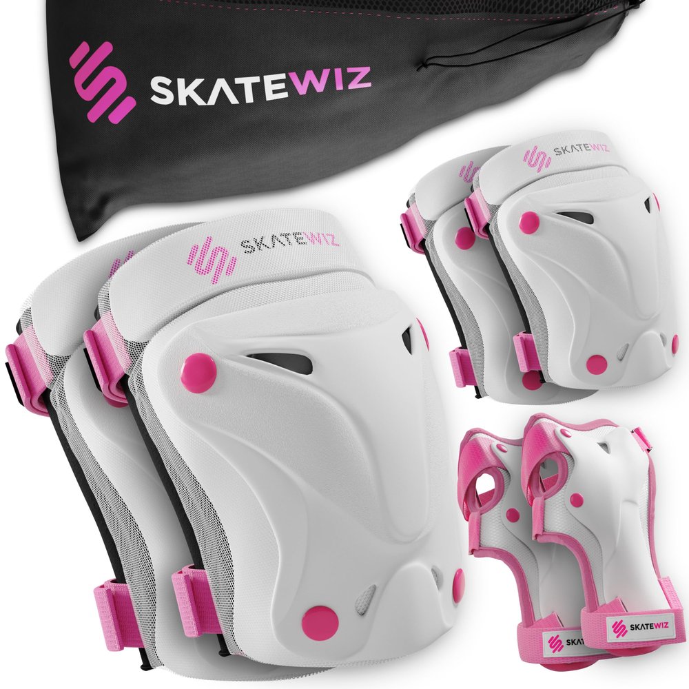 SKATEWIZ Knee Pads for Kids - Knee and Elbow Pads Set - PROTECT-1 - Size M Pink White - Wrist Guards Skating Protective Gear, Skateboard, Roller Skate, Ice Skates For Kids
