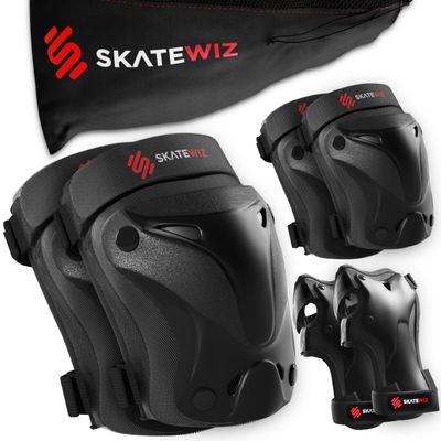 SKATEWIZ Knee Pads for Kids - Knee and Elbow Pads Set - PROTECT-1 - Size M Black - Wrist Guards Skating Protective Gear, Skateboard, Roller Skate, Ice Skates For Kids