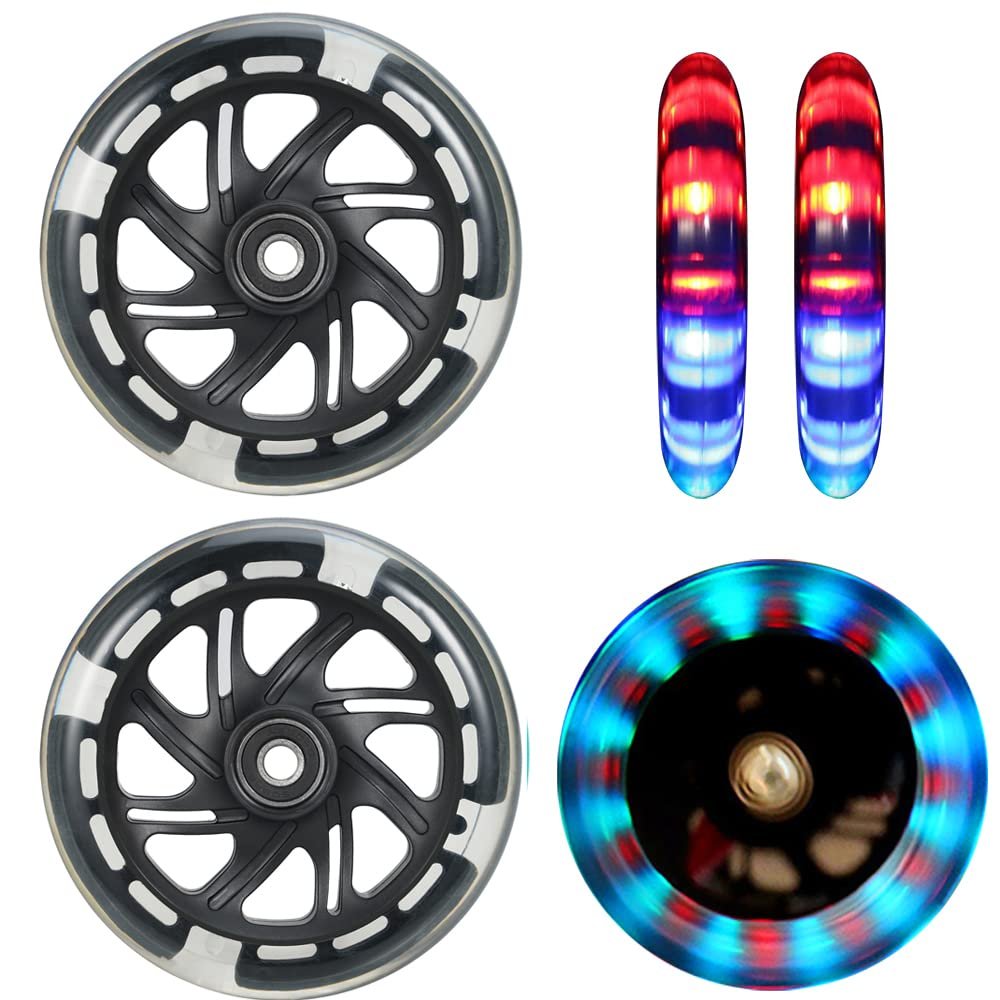 2Pcs 120mm Light Up Scooter Wheels - 2pcs Rear 80mm Light-Up Flashing 3-Wheeled kid Scooter Replacement Wheels with ABEC-9 Bearing for Kick Scooter (Black/120MM)