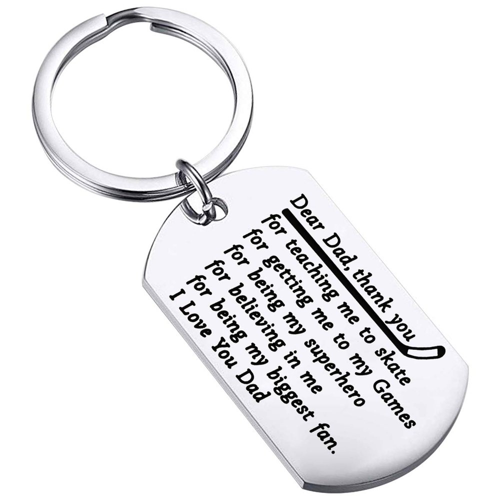 BEKECH Hockey Dad Gifts Ice Hockey Keychain Sport Thank You Gift Dear Dad Thank You for Teaching Me to Skate Father's Day from Daughter Son(silver)