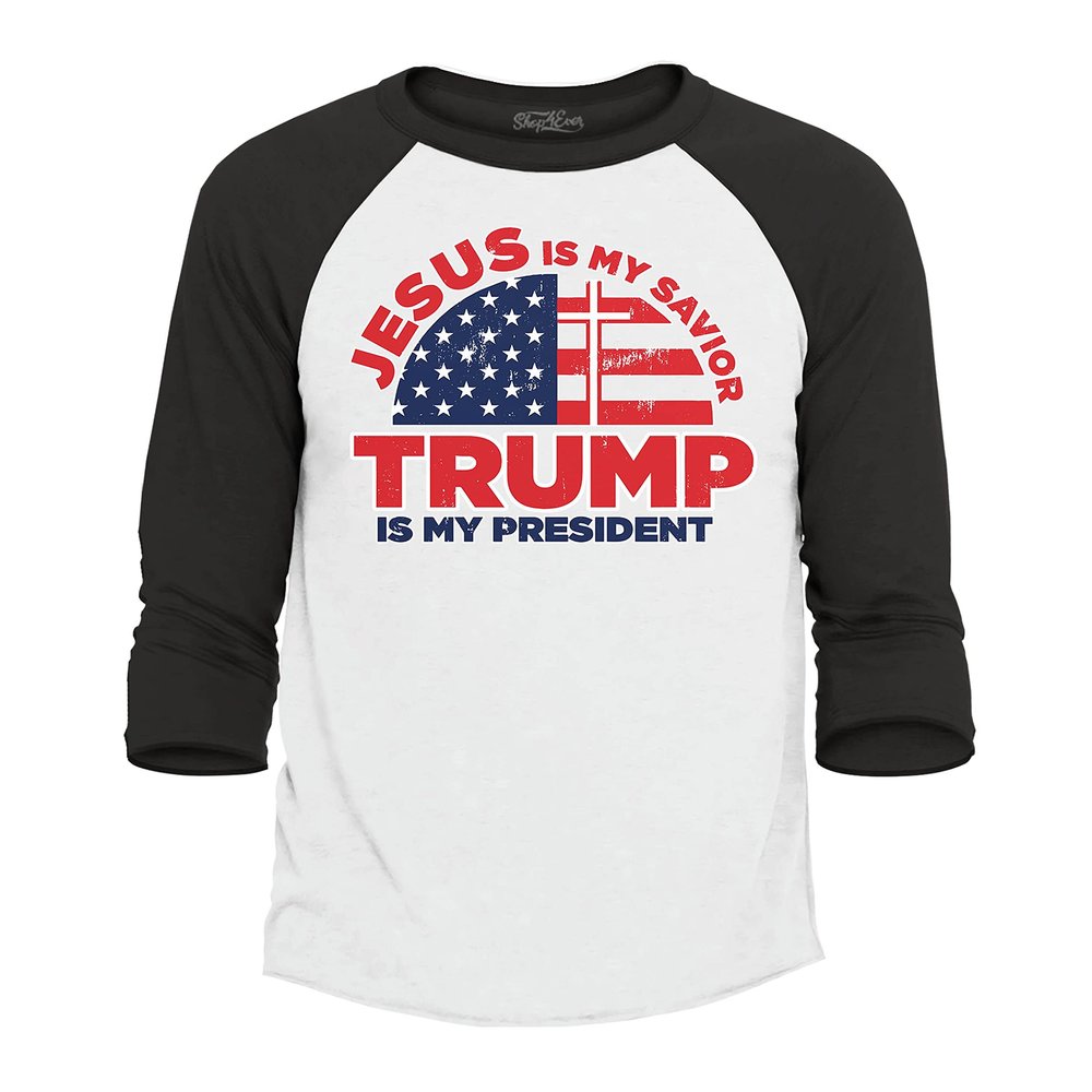 shop4ever Jesus is My Savior Trump is My President Raglan Baseball Shirt X-Large White/Black 0