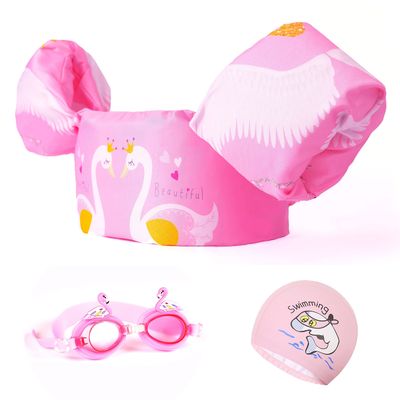 GoKiddie Pink Swim Jumper for Girls up to 55 Pounds - Kids Vest, Jackets, Floaties, Arm Floats, Puddle/Paddle Pal for 30-55 lbs Kid with Swimming Goggles & Cap - Jumpers for Toddler, Child, Children