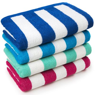 Beachland Classic Cabana Stripe Beach Towel - 30 x 60 inch Soft Cotton Terry Resort Style Perfect for Beach and Pool (Royal-Tur-Mint-Pink, 4 Pack)