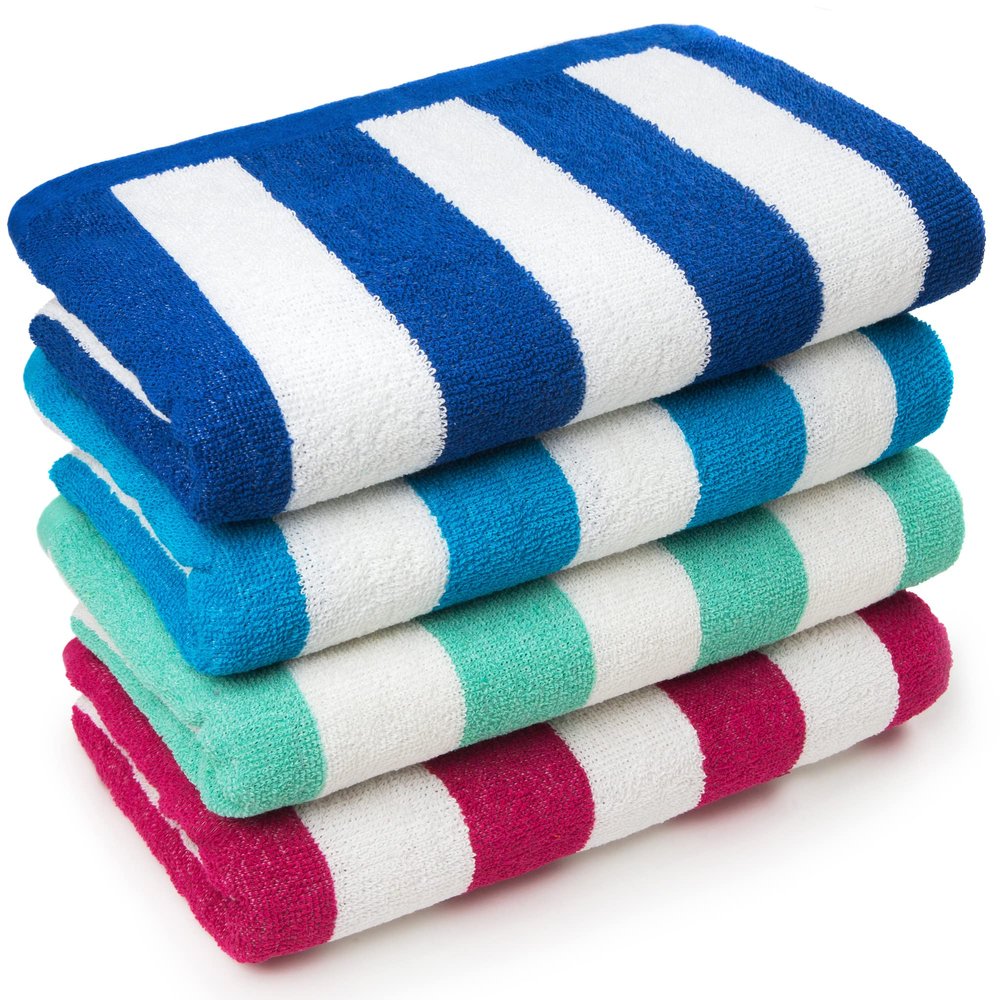 Beachland Classic Cabana Stripe Beach Towel - 30 x 60 inch Soft Cotton Terry Resort Style Perfect for Beach and Pool (Royal-Tur-Mint-Pink, 4 Pack)