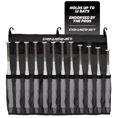 PowerNet Hanging Bat Bag Caddy for Baseball and Softball Teams, Team Bag Dugout Organizer, Holds 12 Hanging Bats on Fence (Black)
