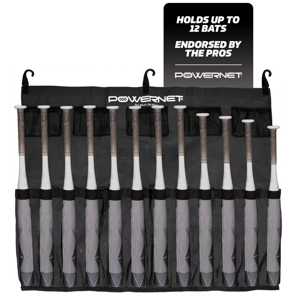 PowerNet Hanging Bat Bag Caddy for Baseball and Softball Teams, Team Bag Dugout Organizer, Holds 12 Hanging Bats on Fence (Black)