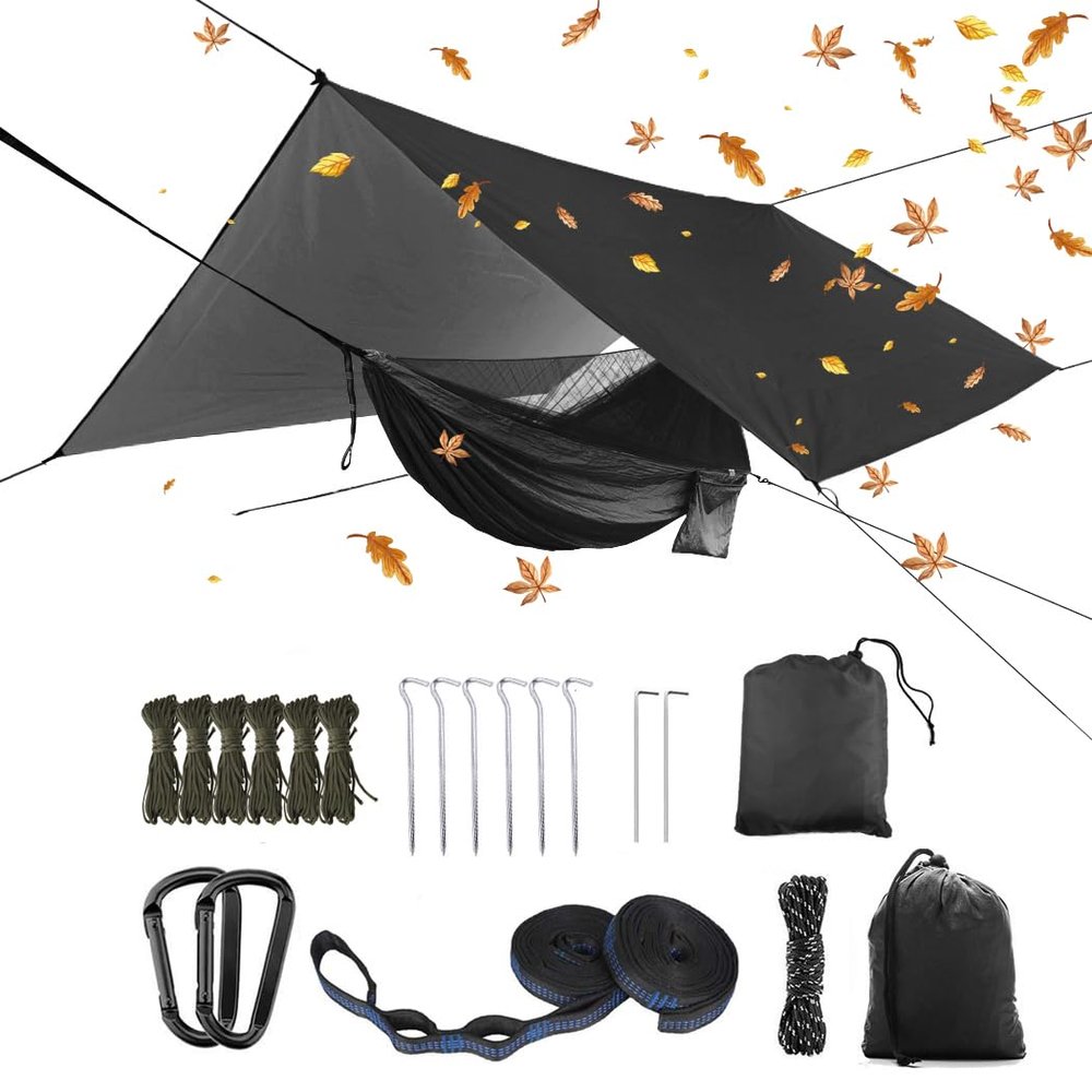 YCD Oversized rain Rope tarp and Camping Hammock with Mosquito net, Portable Single Double Hammock with Tree Strap Hammock Set for Camping, Backpacking hikes, Outdoor BackyardBlack