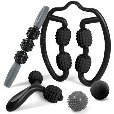 Odoland Massage Set - 360 Trigger Point, Muscle Roller Stick, Y Shaped Handheld, 2 Massage Balls for Legs, Arms - Myofascial & Deep Tissue Pain Relief - Black