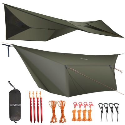 onewind 1210 ft Hammock Tarp, Ultralight Tarp Silnylon Hammock Rain Fly Lightweight Waterproof Camping Tent Tarp with Doors, Easy to Setup with Stuff Sack, Tent Stakes, OD Green