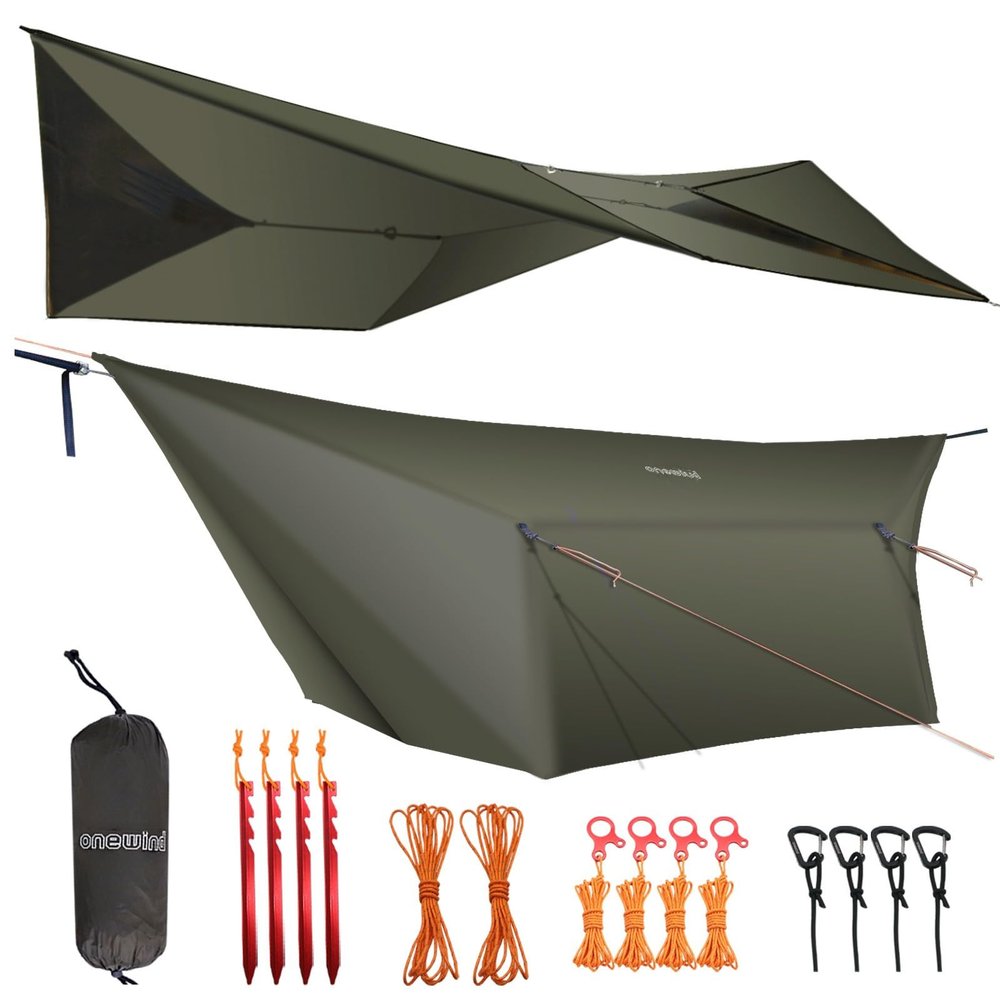 onewind 1210 ft Hammock Tarp, Ultralight Tarp Silnylon Hammock Rain Fly Lightweight Waterproof Camping Tent Tarp with Doors, Easy to Setup with Stuff Sack, Tent Stakes, OD Green