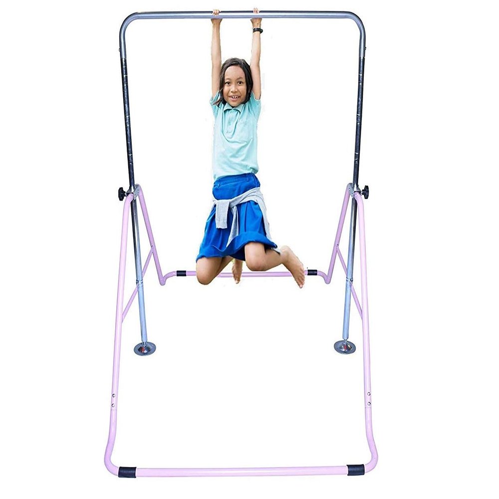 Athletic Bar Kids Gymnastics Bar Horizontal Kip Bar Junior Training Height Adjustable Children Jungle Gym Monkey Bars Folding Climb Tower Balance Bar Gymnasts (Pink)