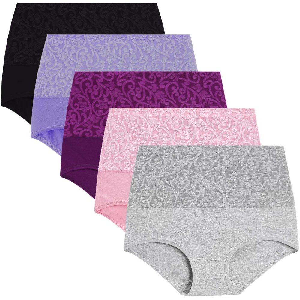 YaShaer Women's Briefs Underwear Cotton High Waist Tummy Control Panties Ladies Panty 5 Pack Size L