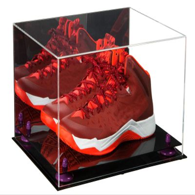 Better Display Cases Acrylic Basketball Shoe Pair Display Case with Mirror, Purple Risers and Black Base (A082/V13)