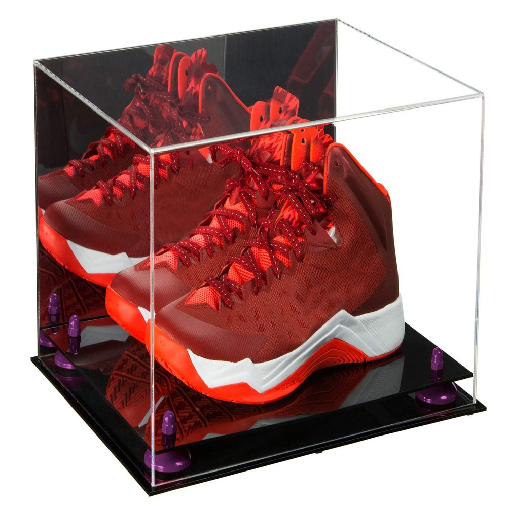 Better Display Cases Acrylic Basketball Shoe Pair Display Case with Mirror, Purple Risers and Black Base (A082/V13)