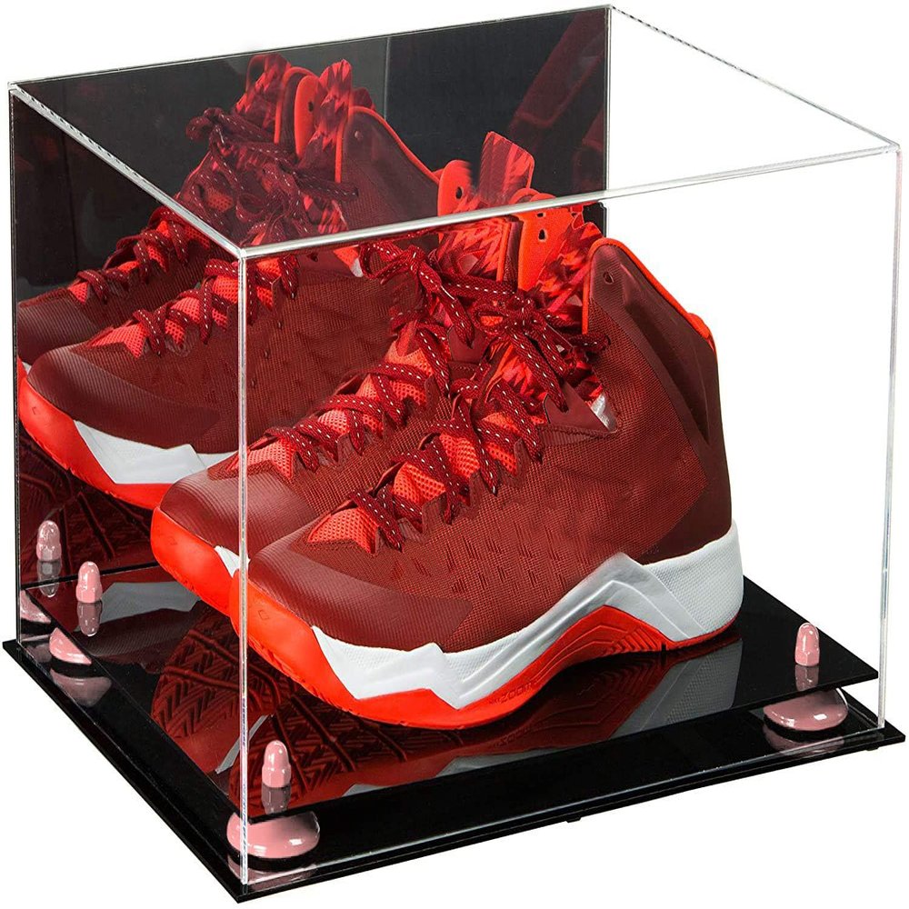Better Display Cases Acrylic Basketball Shoe Pair Display Case with Mirror, Pink Risers and Black Base (A082/V13)