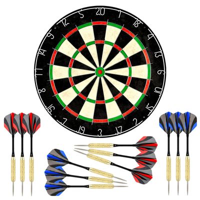 LinkVisions Sisal/Bristle Dartboard with Staple-Free Bullseye and 12 Steeltip Darts Plus Strong Aluminium Shaft, 17.8" 1.5", Moundting Kits Included
