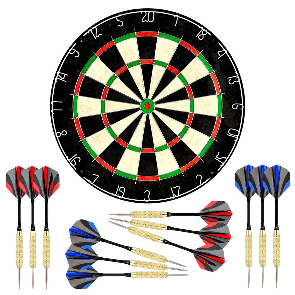 LinkVisions Sisal/Bristle Dartboard with Staple-Free Bullseye and 12 Steeltip Darts Plus Strong Aluminium Shaft, 17.8" 1.5", Moundting Kits Included