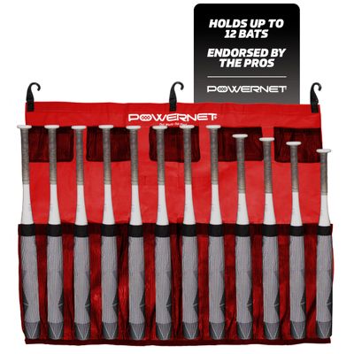 PowerNet Hanging Bat Bag Caddy for Baseball and Softball Teams, Team Bag Dugout Organizer, Holds 12 Hanging Bats on Fence (Red)