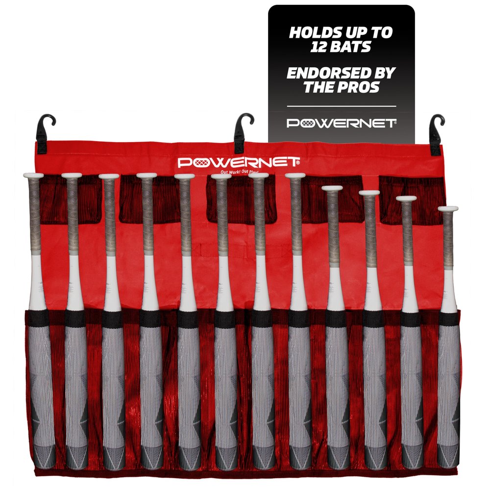 PowerNet Hanging Bat Bag Caddy for Baseball and Softball Teams, Team Bag Dugout Organizer, Holds 12 Hanging Bats on Fence (Red)