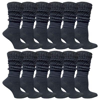 Yacht & Smith 12 Pack Womens Cotton Slouch Socks, Womans Knee High Boot Socks (Black)