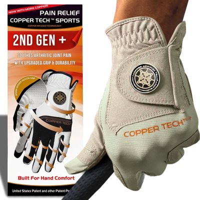 Copper Tech Plus Golf Gloves Men Right Handed Golfer or Left Handed Golfer (2nd Gen) | Copper Compression Joint Support Golf Glove (Khaki/Khaki, Medium-Large, Left)