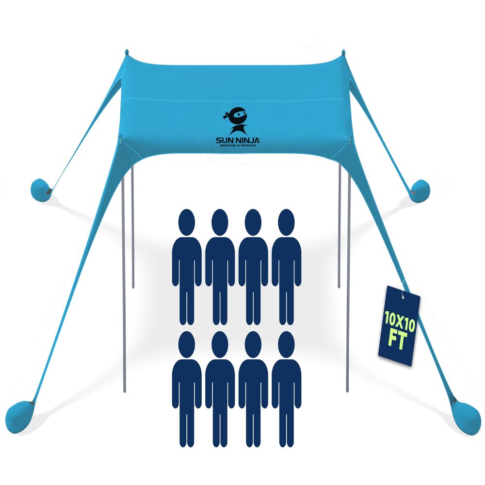 SUN NINJA Beach Tent Sun Shelter UPF50+ - Easy Pop Up Beach Canopy - Outdoor Shade for Camping Trips, Fishing, Backyard Fun Picnics - Sand Shovel, Ground Pegs & Stability Poles