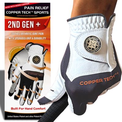 Copper Tech Plus Golf Gloves Men Right Handed Golfer or Left Handed Golfer (2nd Gen) | Copper Compression Joint Support Golf Glove (White/Grey, X-Large, Left)