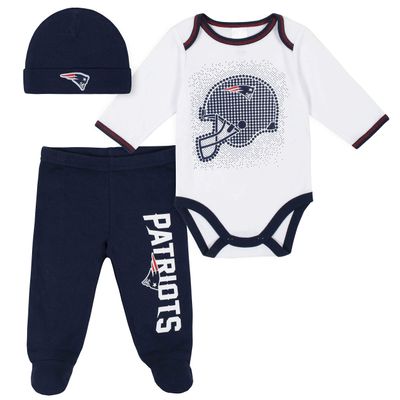 Gerber NFL New England Patriots 3 Pack Bodysuit Footed Pant and Cap Registry Gift Set, Blue/White New England Patriots, 0-3M