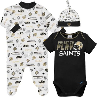 Gerber NFL New Orlean Saints 3 Pack Bodysuit Sleep n Play Footie Cap Registry Gift Set, black/white New Orlean Saints, 3-6M