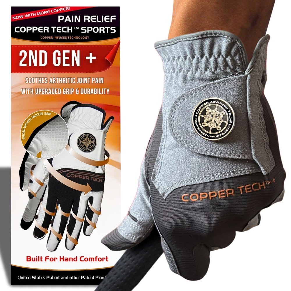 Copper Tech Plus Golf Gloves Men Right Handed Golfer or Left Handed Golfer (2nd Gen) | Copper Compression Joint Support Golf Glove (Charcoal/Grey, XX-Large, Left)