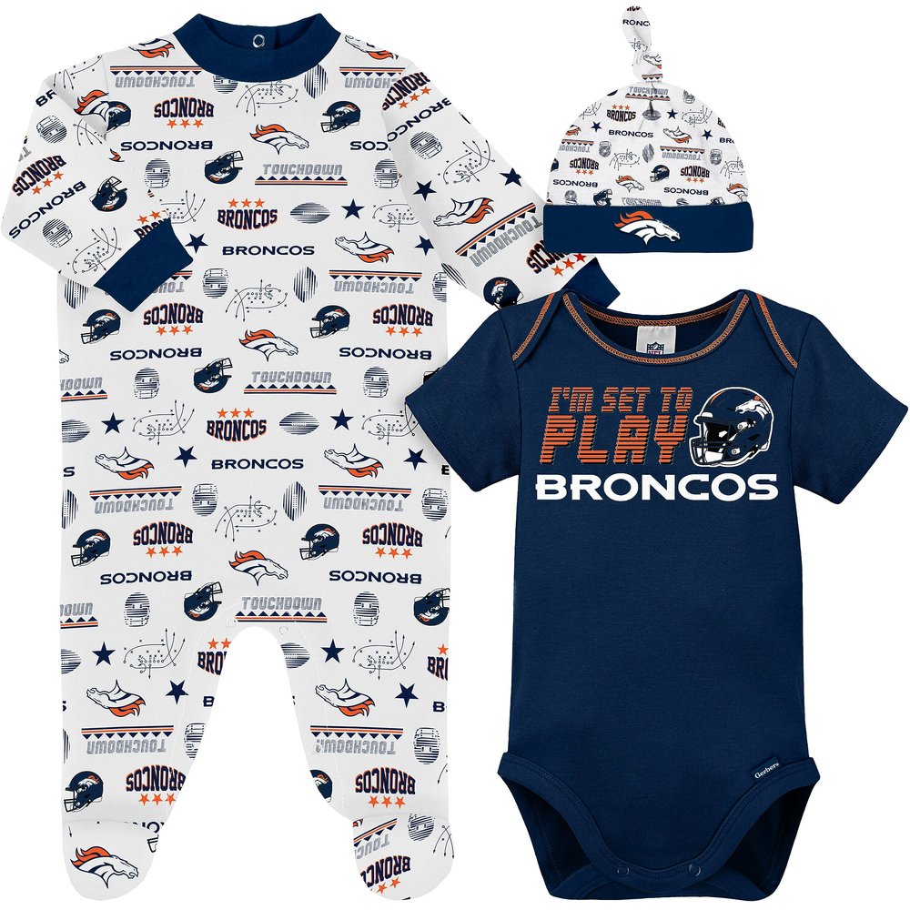 Gerber NFL Denver Broncos 3 Pack Bodysuit Sleep n Play Footie Cap Registry Gift Set, blue/white/orange Denver Broncos, 0-3M