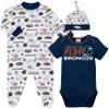 Gerber NFL Denver Broncos 3 Pack Bodysuit Sleep n Play Footie Cap Registry Gift Set, blue/white/orange Denver Broncos, 0-3M view 1