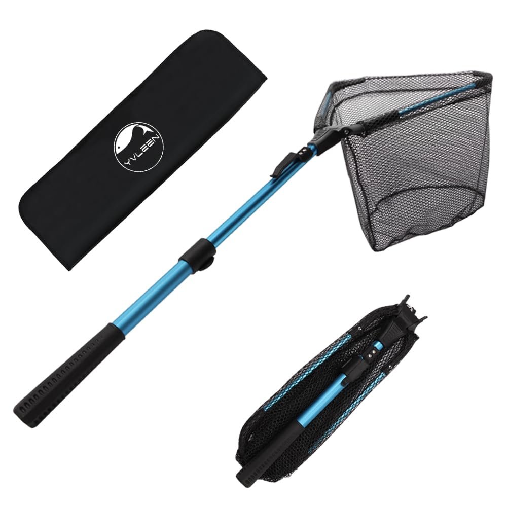 YVLEEN Folding Fishing Net - Foldable Fish Landing Net Robust Aluminum Telescopic Pole Handle and Nylon Mesh 16inch Hoop Size
