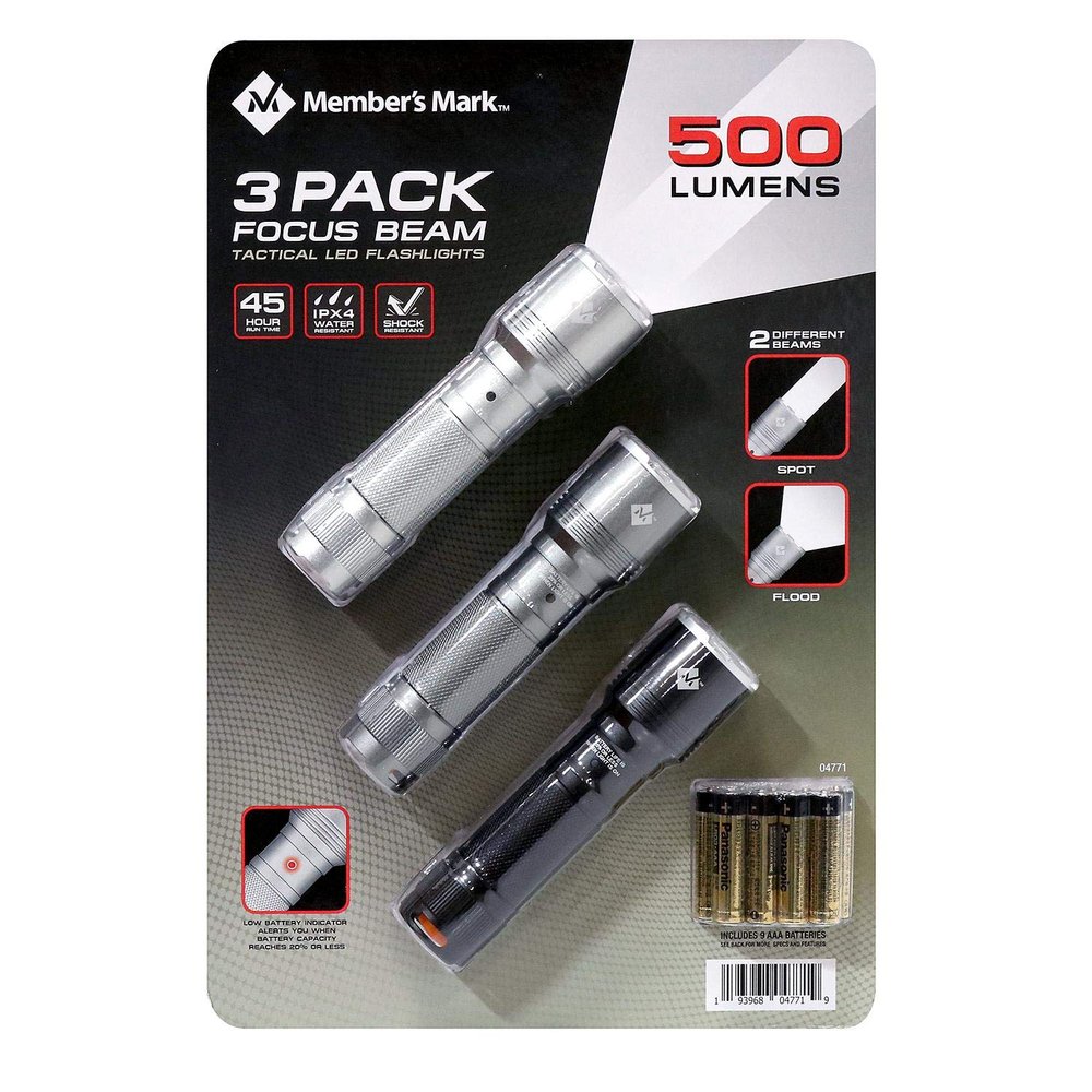 Member's Mark 500 Lumens 3 Pack Focus Beam Tactical LED Flashlighs