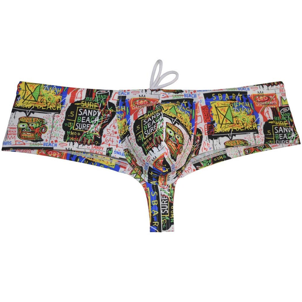 OROCOJUCO Men's Cheeky Boxer Thong Swimwear Board Surf Short Skimpy Trunks Contour Pouch Tangas Swimsuit Scrawl XL