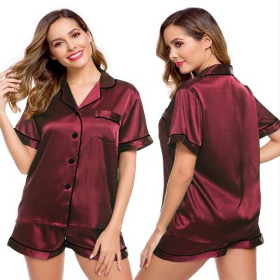 LecGee Womens Pajamas Set Silk Satin Sleepwear Short Sleeve Nightwear Button Down Pj Lounge
