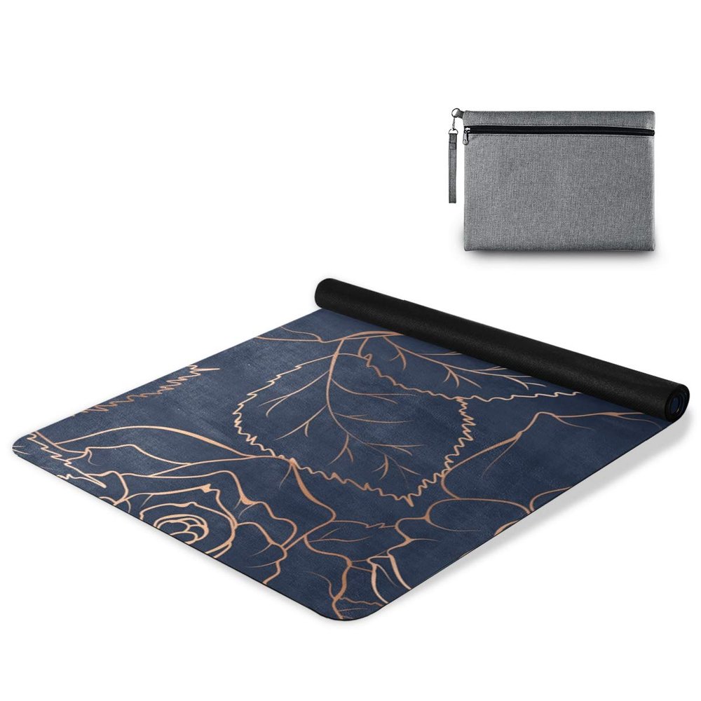 AGONA Navy Blue Gold Rose Peony Floral Yoga Mat Thick Non Slip Exercise Mat Portable Folding Fitness Workout Mat for Yoga Pilates Home Floor Exercises Children Playtime